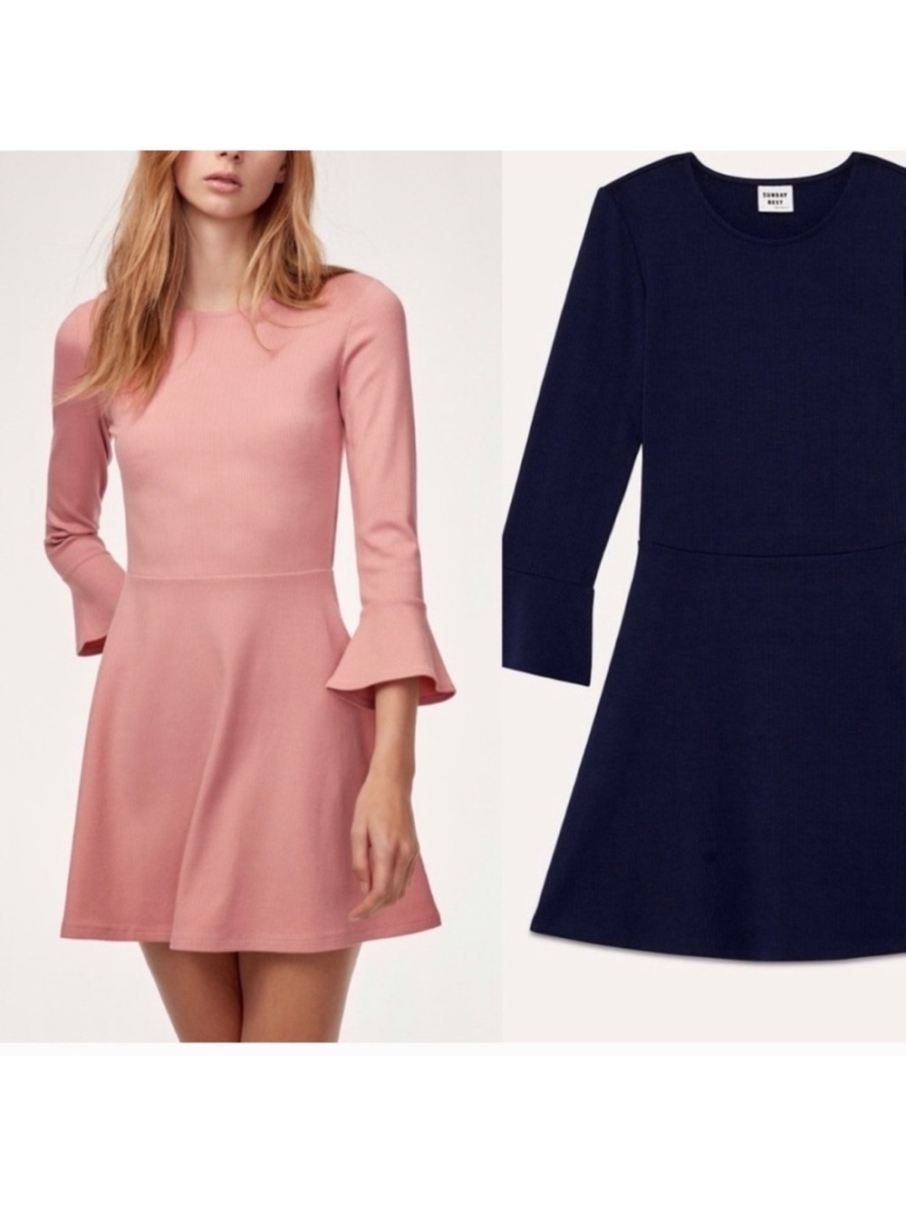 NEW Sunday Best Peyton Dress Ribbed Belle Sleeve Long Sleeve Navy Blue